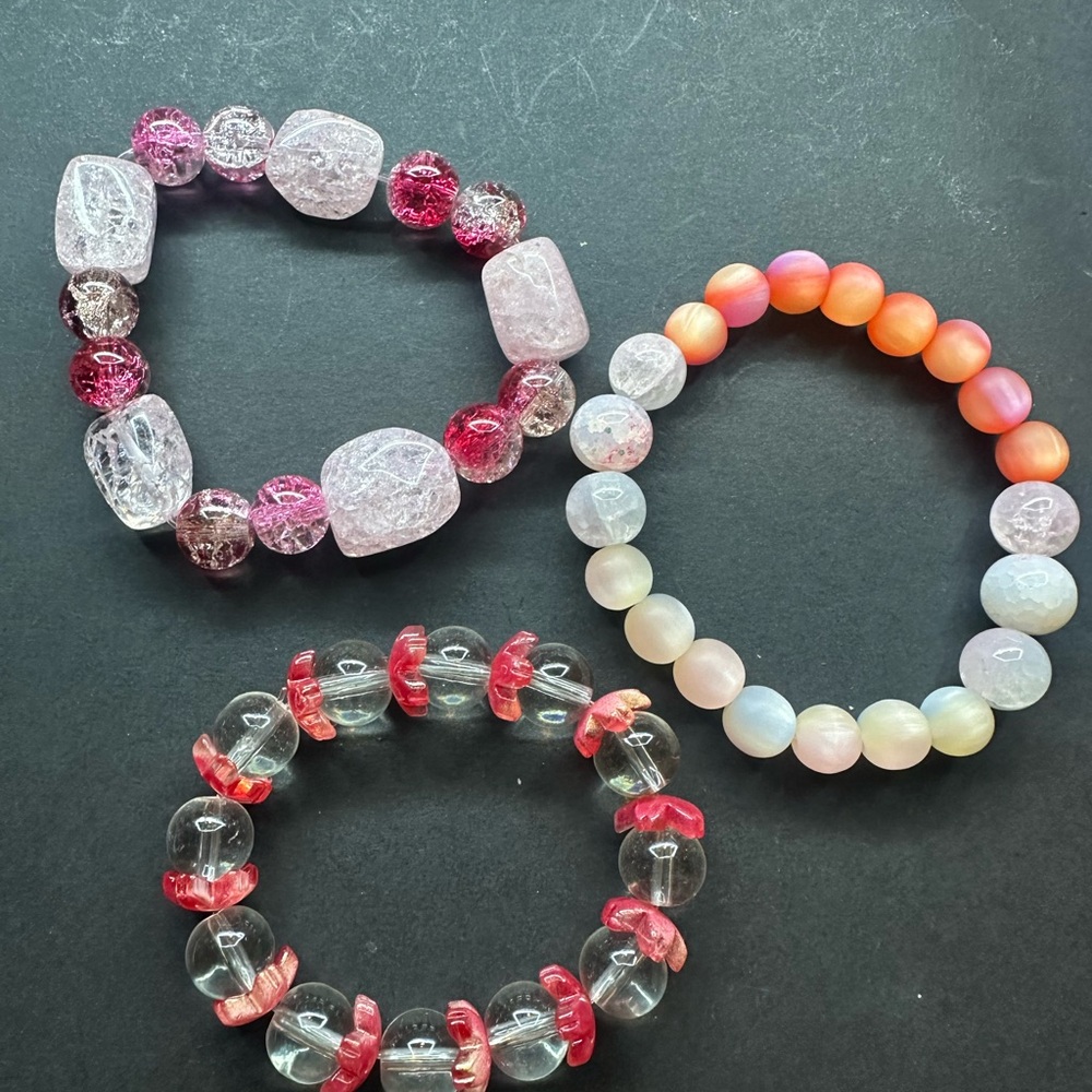 Hand Crafted Vibrant Beaded Bracelet Trio - Pink, Orange, Clear